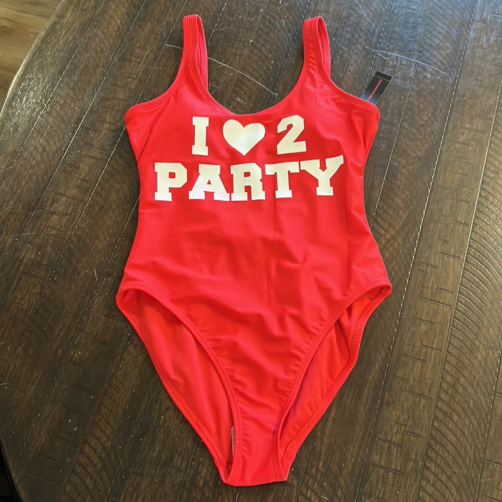 NWT Red "I ♥️ 2 Party" one piece swimsuit. Sz Small - Picture 4 of 12